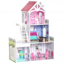 HOMCOM Puppenhaus aus Holz  Puppenstube mit Möbeln & Zubehör, 3 Etagen, für Kinder ab 3 Jahren, Rosa, 60x29x85cm  Aosom.de