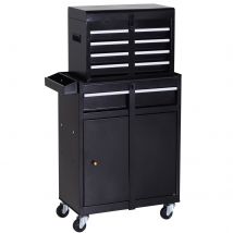 DURHAND 2 in 1 Metal Tool Cabinet Cart Storage Box Cabinet w/ 5 Drawers Pegboard Wheels Chest Black