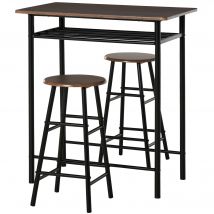 HOMCOM Ensemble table de bar 3 pièces et 2 tabourets de bar avec repose-pieds, étagère de rangment, panneaux de MDF, pied métal noir et marron