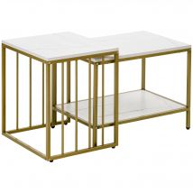 HOMCOM Lot de 2 tables basses gigognes style art déco carrés plateau blanc aspect marbre et pied en métal doré   Aosom France