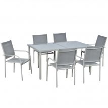 Outsunny Ensemble de jardin salon de jardin 6 + 1 en acier salon de jardin 7 pièces chaises empilables plateau en verre trempé gris   Aosom France