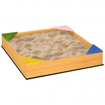 Outsunny Bac à sable carré en bois pour enfants 4 assises en coin et film protection 109 x 109 x 19,8 cm bois naturel   Aosom France