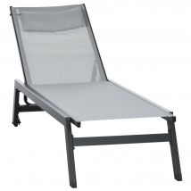 Outsunny Bain de soleil transat en aluminium et textilène avec roulettes et repose-tête dossier inclinable gris clair