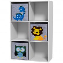 ZONEKIZ Meuble étagère bibliothèque 6 cases 3 cubes paniers en tissu motif animaux pour chambre enfant 62 x 30 x 91,5 cm blanc