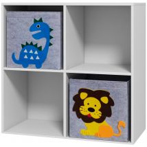 ZONEKIZ Meuble étagère bibliothèque 4 cases 2 cubes paniers tissu motif dinosaures pour chambre enfant 62 x 30 x 62 cm blanc