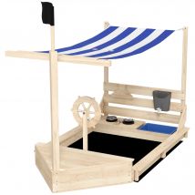 Outsunny Bac à sable en bois avec jeu de cuisine 6 accessoires coffre rangement gouvernail drapeau 180 x 103 x 144,5 cm naturel