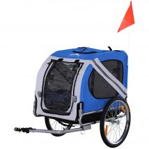 PawHut Remorque vélo pour chien animaux 8 réflecteurs drapeau barre attelage inclus 130 x 73 x 90 cm blanc et bleu