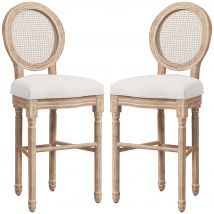 HOMCOM Lot de 2 chaises de bar médaillon Style Louis XVI bois massif sculpté patiné aspect lin 48 x 56 x 118 cm crème