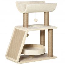 PawHut Katzen Kratzbaum Klein 76cm mit Spielball & Sitzplatz, Indoor Kletterturm mit Bett & Kratzbrett, hellbraun für Katzen bis 5kg   Aosom.de