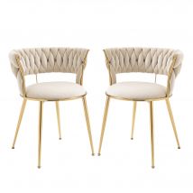 Ensemble de 2 chaises de salle à manger en velours, avec un dossier tressé et des pieds en métal,  pour le salon, la salle à manger, la cuisine, Blanc