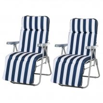 Outsunny Lot de 2 Chaise Longue Bain de Soleil Adjustable Pliable transat lit de Jardin en Acier Bleu + Blanc