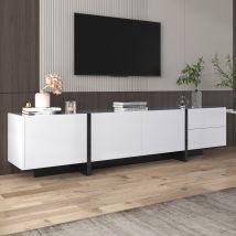 Meuble TV mobile avec panneau et pieds en blocs, avec portes et tiroirs, design linéaire, Blanc