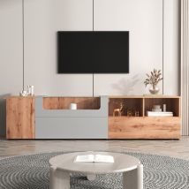 Meuble TV scandinave mobile avec LED, vitrine, étagères et portes en bois rustique, Naturel