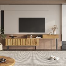 Meuble télé, Meuble tv bois mobile, Meuble tv design, Meuble télé industriel en marbre et veinure de bois, bordure en PVC, Bois Naturel   Aosom France
