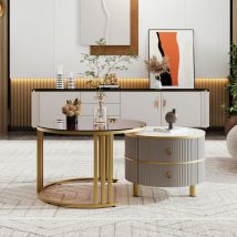 Table basse gigogne 2-en-1 en MDF avec plateau brillant et verre trempé, combinaison pour salon avec 2 tiroirs, 70x70x45 + 50x50x40 cm, Gris