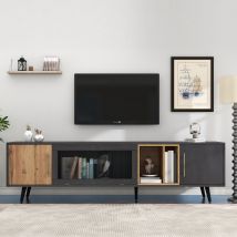 Meuble TV à roulette mobile pour écran jusqu'à 90 pouces en bois foncé avec veinures grises, 3 portes et espace ouvert, Gris