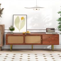 Meuble TV scandinave élégant avec portes coulissantes en rotin, tiroirs et 4 étagères, Couleur noyer