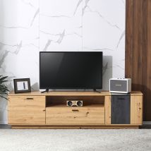 Meuble TV Scandinave Spacieux 1,8 m pour Téléviseur 80" en MDF avec Angles Arrondis et Étagères de Rangement, Marron