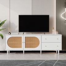 Meuble TV scandinave en rotin avec 2 tiroirs et grand espace de rangement intérieur, Blanc