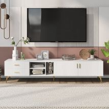 Meuble TV moderne avec bandes décoratives, pieds en métal doré et 2 tiroirs, Blanc