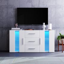 Buffet moderne avec lumières LED multicolores, 3 tiroirs et 2 placards, 140 cm - Meuble TV Suspendu, Blanc