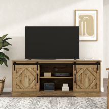 Meuble TV pour télévision jusqu'à 65 pouces style rustique avec portes coulissantes et étagères réglables pour salon, 150L x 40l x 60H cm, Marron