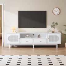 Meuble TV scandinave élégant en rotin 180 cm pour téléviseurs jusqu'à 80 pouces avec 2 portes et 2 tiroirs, Blanc