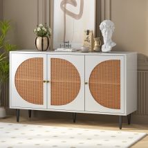 Buffet moderne avec 3 portes en rotin et poignées en métal, pour maison et bureau, Blanc
