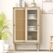 Buffet moderne en bois avec portes coulissantes en verre et rotin synthétique à 6 étagères internes, Naturel
