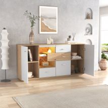 Sideboard weiß mit LED-Beleuchtung 160 cm Holzoptik und Weiß 2 Türen 4 Schubladen Glasablage Wohnzimmermöbel   Aosom.de