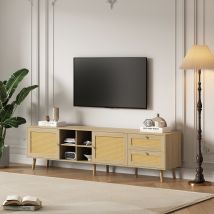 Meuble TV scandinave en bois et rotin avec 2 portes et 2 tiroirs, adapté pour TV jusqu'à 80 pouces, 180x40x55 cm, Bois