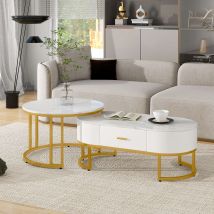 Ensemble de 2 Tables Basses Gigognes Modernes avec Structure en Métal Doré et Plateaux Spacieux, Dimensions 100x48x38,5 cm et 70x70x44,5 cm, Blanc