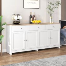 Sideboard Landhausstil Weiss 160cm Holzmaserung mit 4 Türen und 3 Schubladen für Wohnzimmer Esszimmer Rustikaler Buffet Weiss Aosom.de