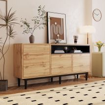 Holz-Sideboard, modern mit drei Türen und verstellbaren Regalen, einfache Montage, platzsparend und robust, 160 x 35 x 76 cm, Schwarze+Holzfarbe