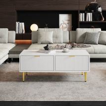 Table basse, Table de salon, Table basse design, Table carré avec 2 tiroirs et design à rayures verticales, 100x50x40cm, Blanc+Or   Aosom France