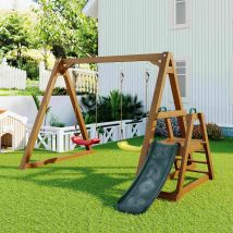 Balançoire Double pour Enfants en Bois Massif avec Toboggan, Échelle d'Escalade et Structure d'Extérieur, 239x240x169 cm, Naturel