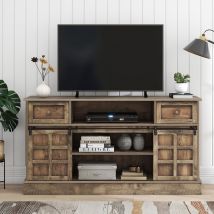 Meuble TV Moderne en Bois Laminé avec 2 Portes Coulissantes et 9 Compartiments, Éclairage LED, 150x40x81 cm, Gris