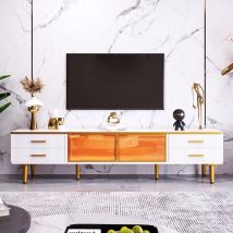 TV-Schrank in Marmoroptik mit LED-Beleuchtung, 4 Schubladen und 2 Türen aus gehärtetem Glas, Modernes Design für Wohnzimmer, Weiß und Gold