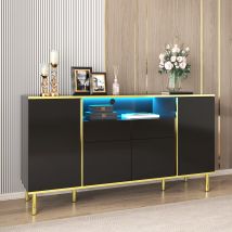 Meuble bas pour cuisine avec 2 Tiroirs et 4 Portes, Buffet pour cuisine Structure en LED et Détails Dorés, 150x40x80cm pour Salon, Noir   Aosom France