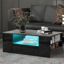 Table basse design moderne avec 2 tiroirs et 2 étagères, Table de salon structure en aggloméré, éclairage LED, 95x53x37 cm, Noir   Aosom France