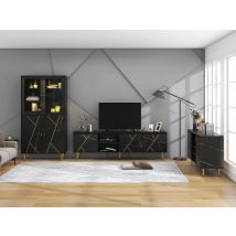 Grand Meuble TV Scandinave 200x35x60 cm pour TV jusqu'à 90 pouces avec 3 Portes et Design Moderne, Noir