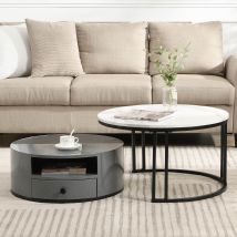 Ensemble de Tables Basses Gigognes Modernes en Style Marbre PVC avec Design Élégant et Espace de Rangement, 70x70x40 cm + 60x60x25,5 cm, Gris