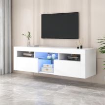 Meuble TV scandinave sur pied et mural avec éclairage LED, étagères ouvertes et compartiments rabattables, moderne brillant 140x40x45 cm, Blanc