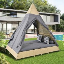 Salon de jardin en rotin avec tente, adapté pour 2 à 4 personnes, avec coussins amovibles et lavables, Gris