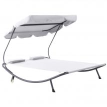 Outsunny Lit de Soleil Double Toit Ajustable Roulettes Oreillers Acier Polyester Crème   Aosom France