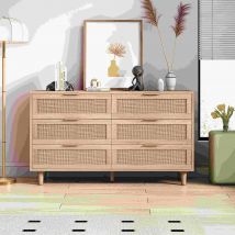 Commode en rotin avec 6 tiroirs pour chambre et salon, meuble de rangement en panneau de particules de haute qualité, 130x40x75 cm, Naturel