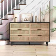 Meuble de Rangement en Rotin avec 6 Tiroirs pour Chambre et Salon, Commode en Panneaux de Particules de Haute Qualité, 130x40x75 cm, Noir