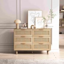 Commode de Rangement en Rotin avec 6 Tiroirs, Meuble de Rangement en Panneaux de Particules de Haute Qualité pour Chambre et Salon, Naturel