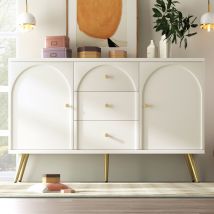 Crédence Élégante avec 2 Portes et 3 Tiroirs, Étagère Réglable, Meuble de Rangement pour Chambre à Coucher, Blanc Crème