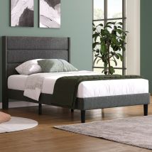 Lit double avec sommier à lattes et tête de lit, tissu coton-lin, design moderne, sans matelas, 90x200 cm, Gris foncé